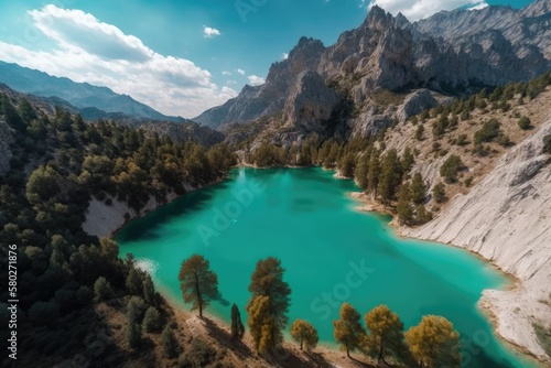 Lake Oymapinar in Turkey. Flyover video of a mountain lake. The Oymapinar Dam's Emerald Water Reservoir. Turkey's Manavgat region, home to a verdant canyon. Superior image quality. Generative AI