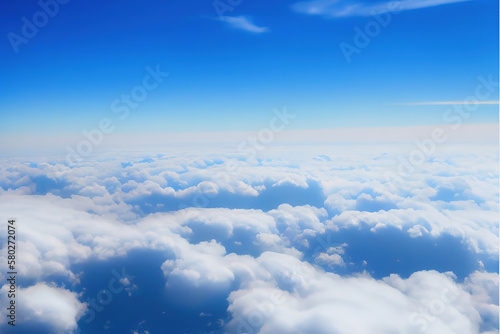 View of the sky above clouds over the earth deep blue sky with white clouds. Generative Ai