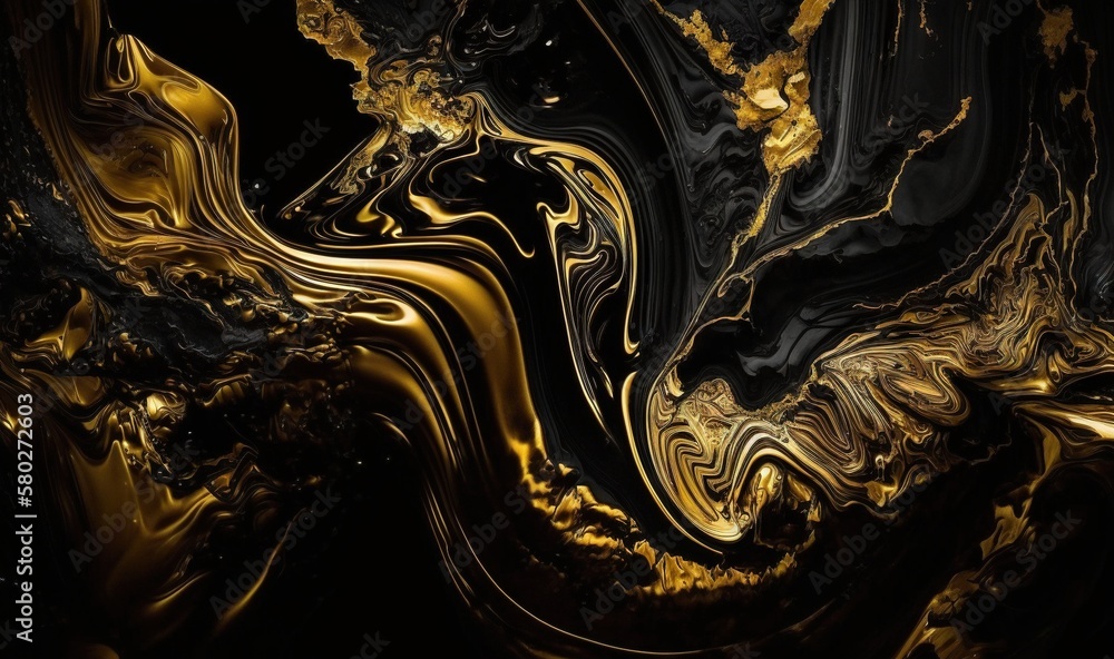 a black and gold abstract background with swirls and curves in the