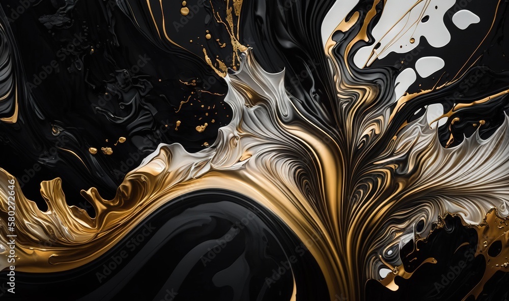 a black and gold abstract painting with white and gold swirls on the ...