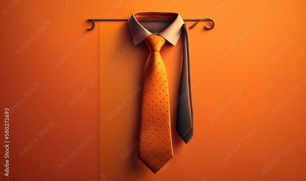  a yellow neck tie hanging on a metal hook on an orange wall next to a white shirt and black tie on a hanger on an orange wall.  generative ai - obrazy, fototapety, plakaty 
