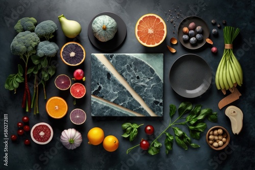 In the kitchen, aerial photos of organically grown produce show off their vibrant colors and freshness (top view, flat lay). The counter top is a grey natural stone. Space for unrestricted copywriting