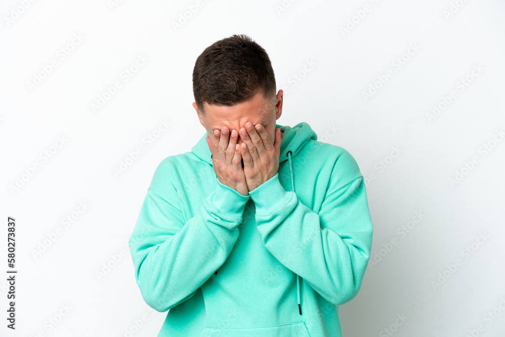 Young brazilian man isolated on white background with tired and sick expression Young brazilian man isolated on white background with tired and sick expression