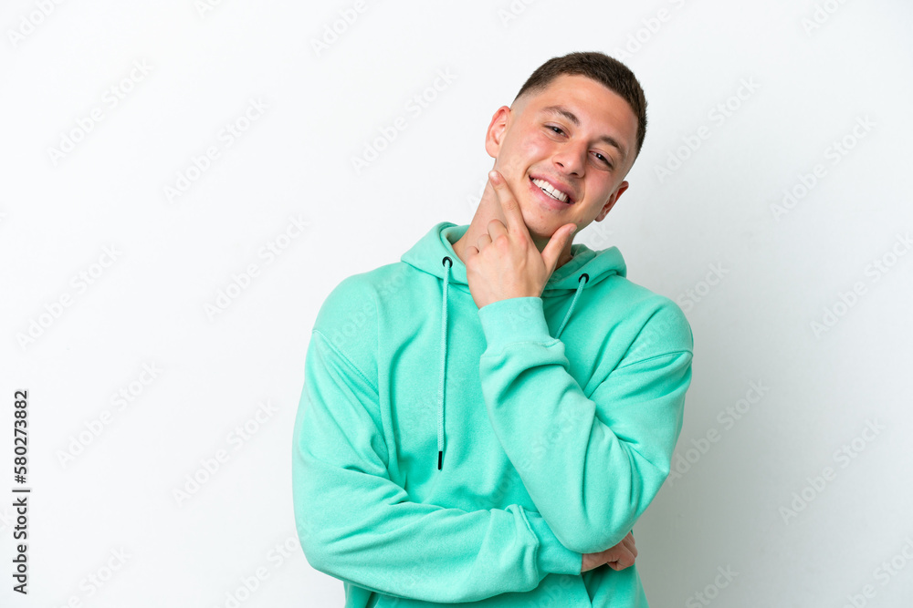 Young brazilian man isolated on white background happy and smiling Young brazilian man isolated on white background happy and smiling