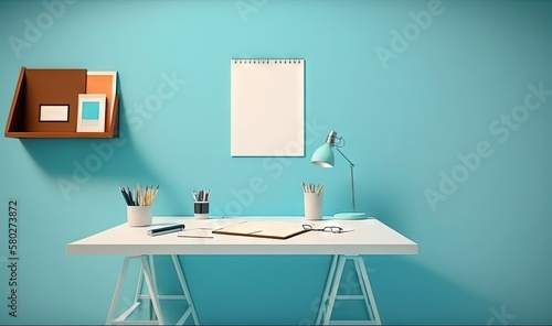  a desk with a notepad  pen  and a lamp on it in a room with a blue wall and a wooden shelf above it.  generative ai