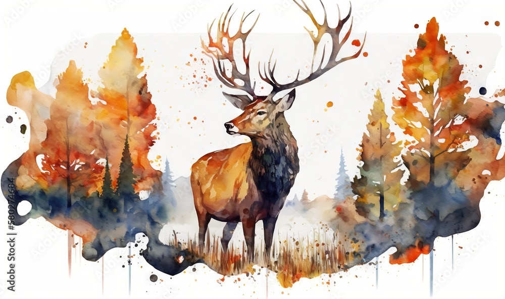  a painting of a deer standing in a forest with trees and watercolor stains on it's sides and a white background with a white border.  generative ai