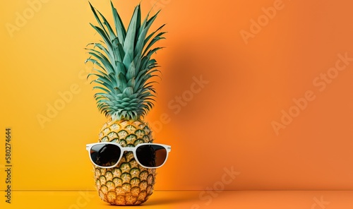  a pineapple wearing sunglasses on an orange background with a yellow wall in the back ground and a yellow wall in the back ground behind it.  generative ai