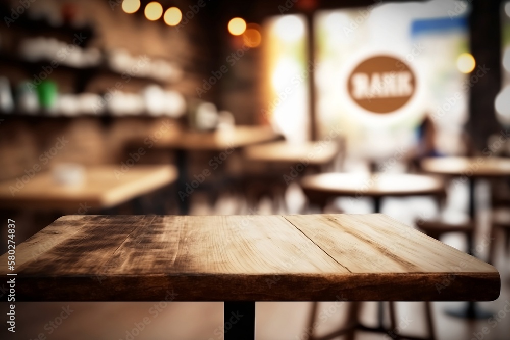 Blurred Coffee Shop Background. Space table for product in classic Restaurant Lifestyle.