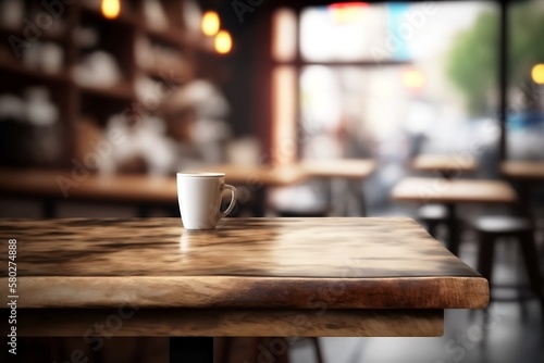 Blurred Coffee Shop Background. Space table for product in classic Restaurant Lifestyle.