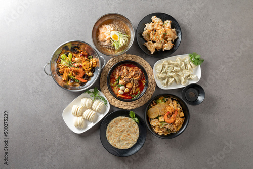 Korean food dish 물만두 water dumplings 물냉면 cold noodles 마라샹궈 Mara Xiangguo maravan 마라반 꿔바로우 Kwubaro 화권 꽃빵 Chinese flower bun