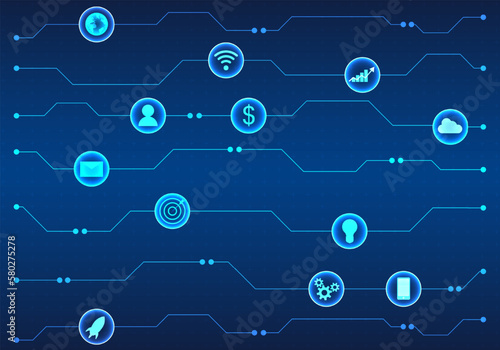 Smart technology Connections send data to various services. both in terms of transactions cyber world and the internet To make the speed of doing business grow. dark blue background