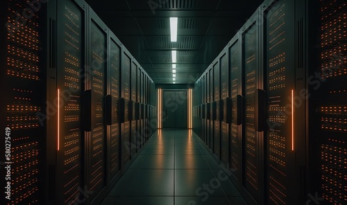  a long hallway with rows of servers in a data center with bright lights on the ceiling and flooring on the walls and the floor. generative ai