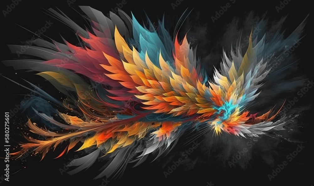  a colorful bird of prey flying through the air with its wings spread out and feathers spread out of its body and feathers spread out of its body.  generative ai