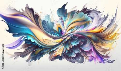  a painting of a bird with colorful feathers on it's back end and wings flying in the air, with a white background and a white backdrop.  generative ai © Shanti