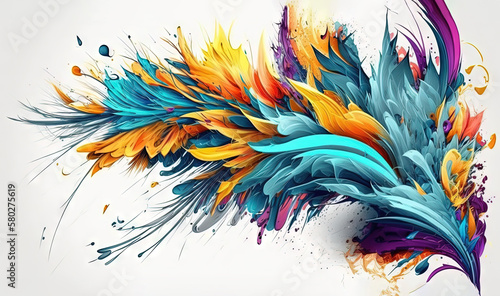  a colorful abstract painting of a bird's wing with splashes of paint on the wings of the bird's feathers, on a white background. generative ai