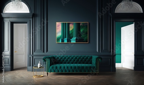  a living room with a green couch and a painting on the wall and a wooden floor with a wooden floor and a wooden floor with a wooden floor. generative ai