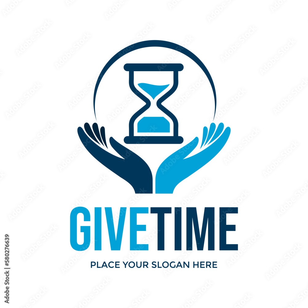 Fototapeta premium Give time vector logo template. This design use hand and hourglass symbol. Suitable for time management, business.
