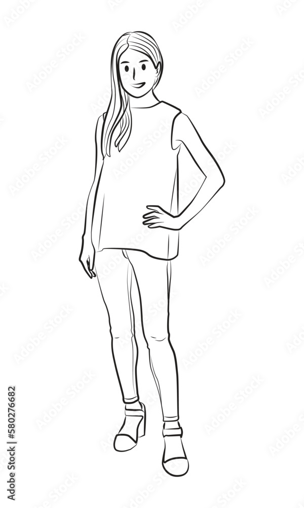 girl standing pose character cartoon line art illustration Stock