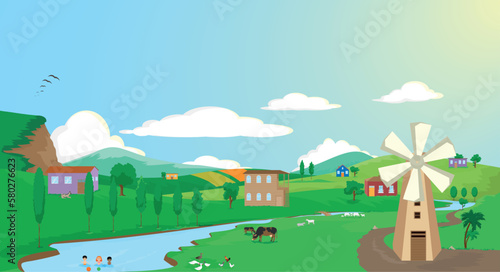village life view... children swimming in the creek, windmill, chickens, rooster, geese, sheep and goats and cow...