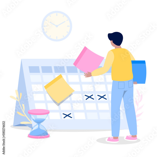 Hombre organizando eventos en un calendario con reloj de arena