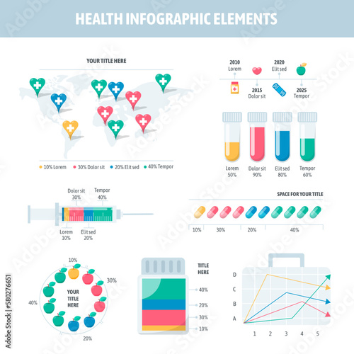 Elementos infográficos de salud, líneas de tiempo e hitos