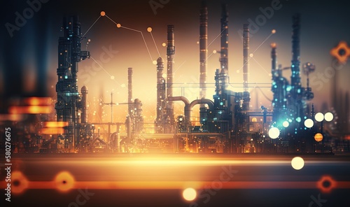 a futuristic city with a lot of pipes and pipes in the middle of the city at night with bright lights shining on the city skyline. generative ai