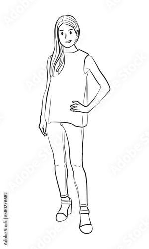 girl standing pose character cartoon line art illustration