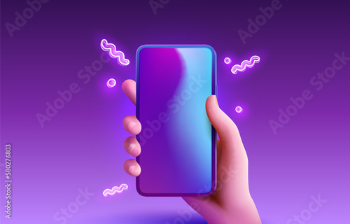 Smart phone screen neon, hand hold gadget electronic. Vector