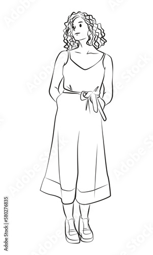 girl standing pose character cartoon line art illustration