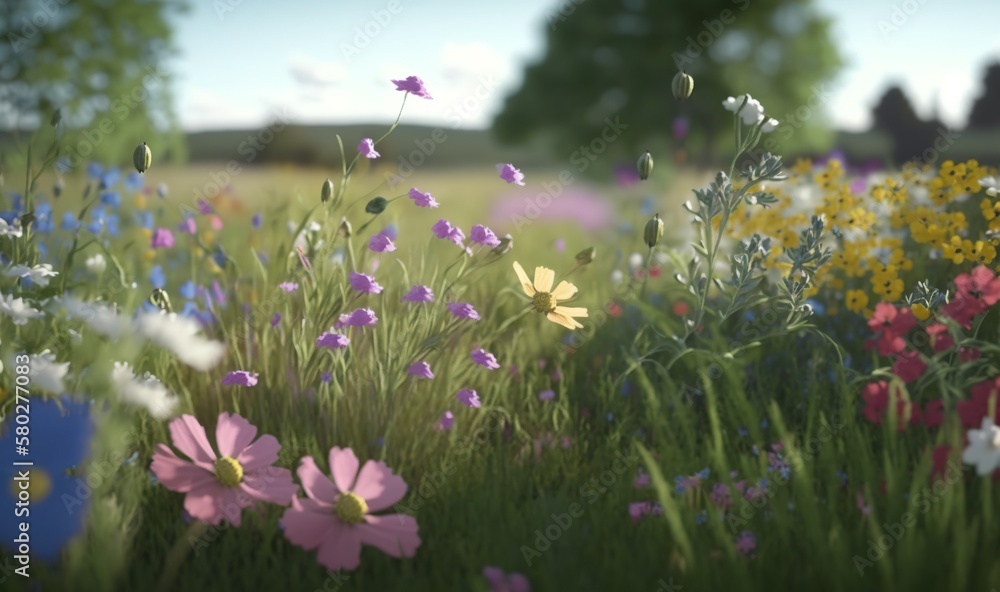  a bunch of flowers that are in a field of grass and flowers are in the foreground, with a blue sky in the background.  generative ai