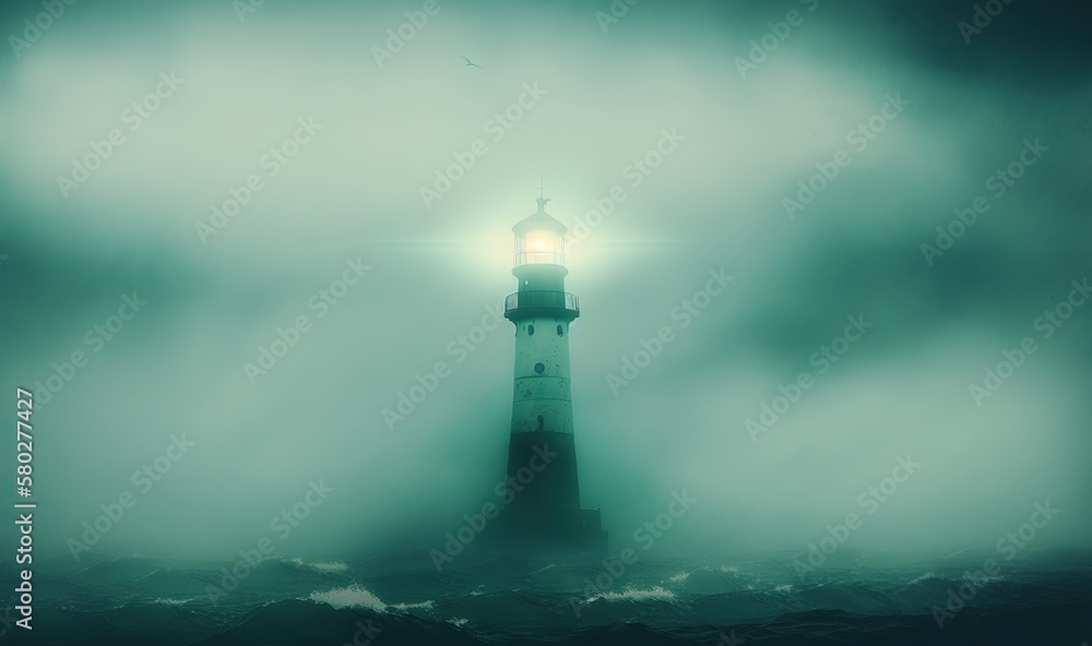  a lighthouse in the middle of the ocean with a light on it's top in the middle of the foggy sky above the water.  generative ai
