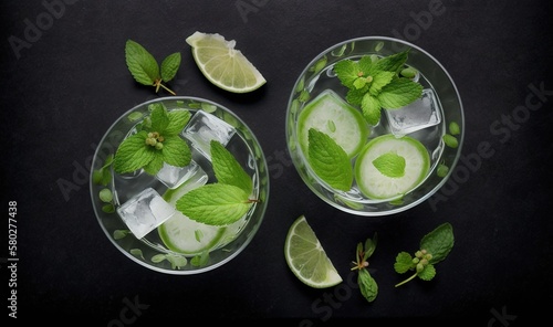  a couple of glasses filled with ice and lime slices on top of a black table with mints and lime slices on the side of the glasses.  generative ai © Shanti
