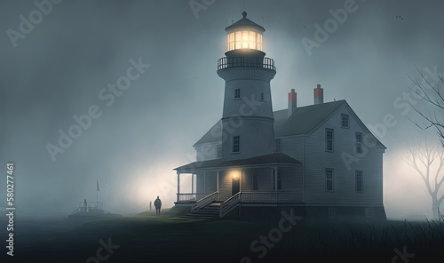  a painting of a lighthouse on a foggy night with a person standing in front of it and a lighthouse on the other side of the lighthouse.  generative ai