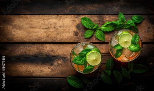  two glasses of mojito tea with limes and mints on a wooden table with a wooden plank behind it and a wooden table top. generative ai