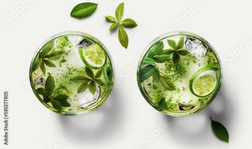  two glasses of mojito with limes and mints on a white background with a green leaf on the side of the glasses.  generative ai © Shanti