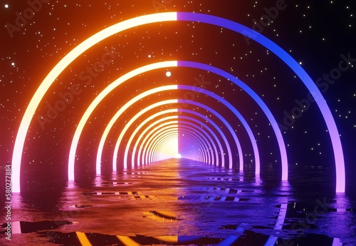 neon geometry rainbow bridge at night