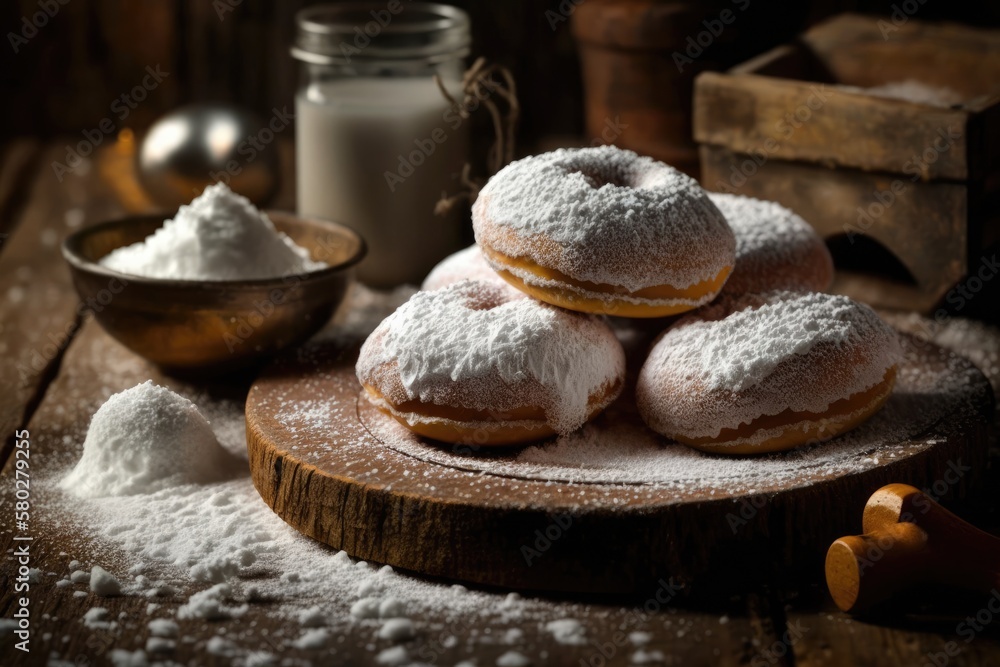 Gourmet donuts covered in powdered sugar and displayed at a carnival are shown up close on a wooden table. Generative AI