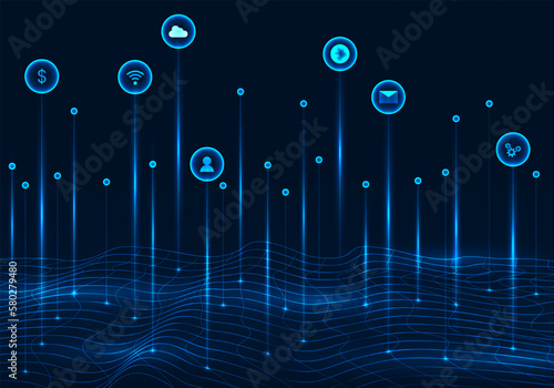 Abstract background smart technology wireless connection and data transmission in the cyber world to users on the Internet Use wave lines to connect. dark blue background