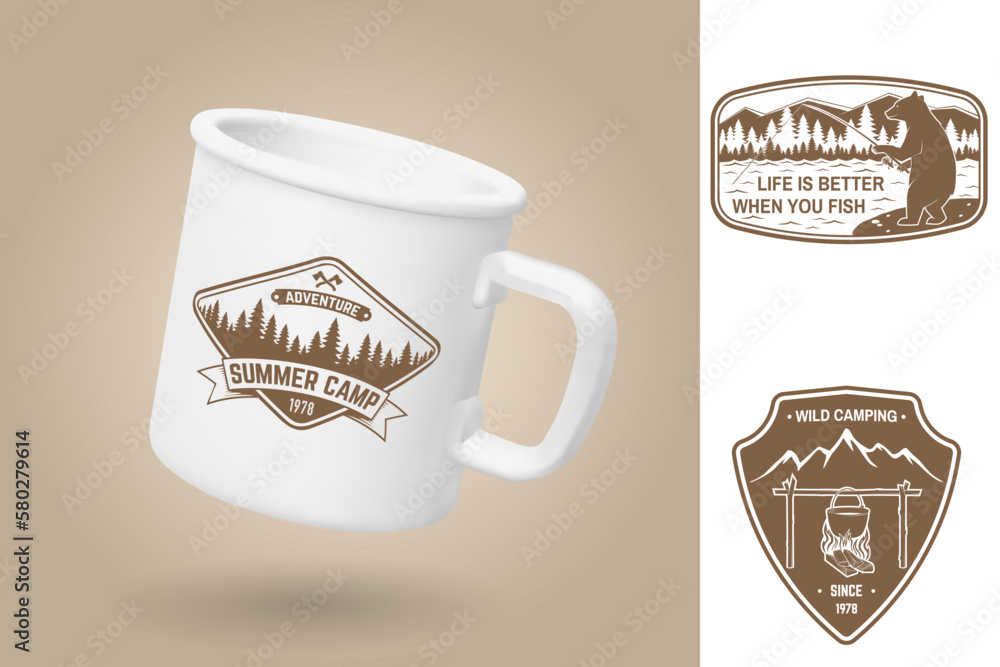 White Camping Cup. Realistic Mug Mockup With Sample Design. Vector 3D.  Let'S Sleep Under The Stars. Summer Camp. Quotes About Camping With  Mountains, Campfire, Bear, Tent And Forest Silhouette. Stock Vector |