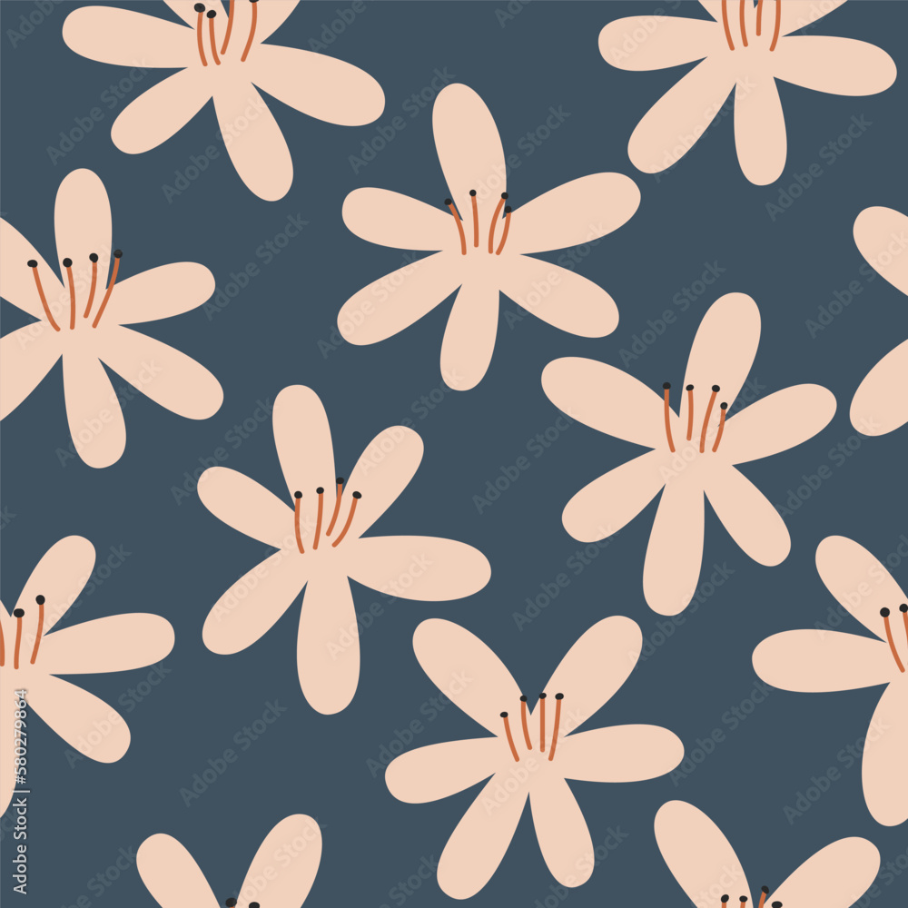 Seamless pattern with abstract cartoon lilies. Summer floral print. Vector hand drawn illustration. Seamless pattern with abstract cartoon lilies. Summer floral print. Vector hand drawn illustration.