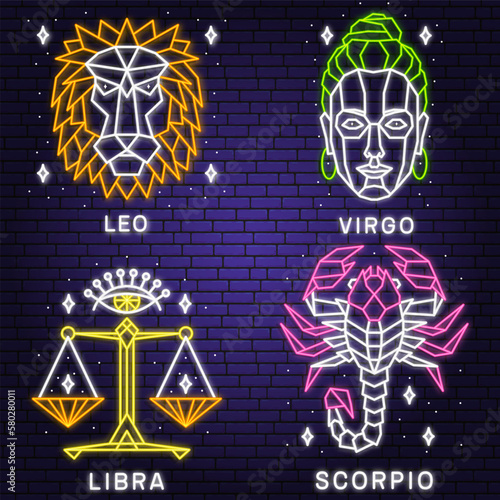 Set of zodiac astrology horoscope neon sign leo, virgo, libra, scorpio. Vector. Elegant line art symbol or icon of leo, virgo, libra, scorpio esoteric zodiacal horoscope templates