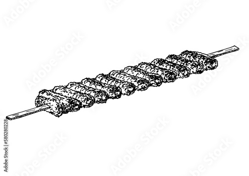 Illustration of the traditional Turkish kebab on the skewer. Vintage kebab logo template. Kebab or shashlik on skewer