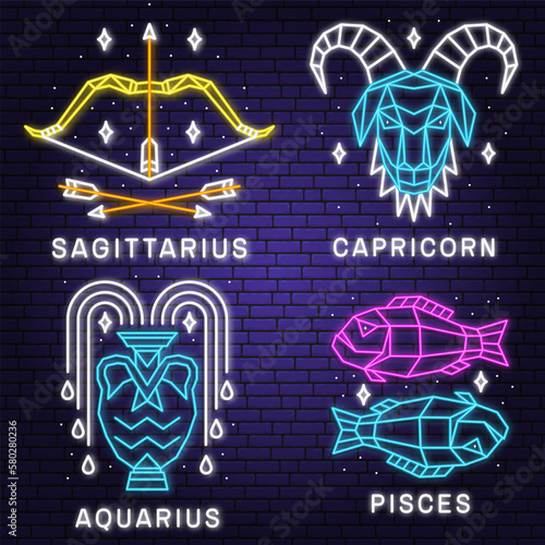 Set of zodiac astrology neon sign sagittarius, capricorn, pisces, aquarius. Vector. Elegant line art symbol or icon of sagittarius, capricorn, pisces, aquarius esoteric zodiacal horoscope 