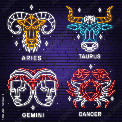 Set of zodiac astrology horoscope neon sign aries, taurus, gemini, cancer linear design. Vector. Elegant line art symbol or icon of aries, taurus, gemini, cancer esoteric zodiacal horoscope 