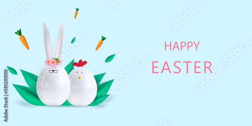 Happy easter. Ceramic figurines of a rabbit and a chicken on a light background. Flying carrots.Gift card voucher template, modern poster, creative banner. Vector illustration