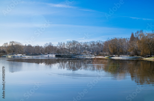 Winter view. Shooting a lake in winter. Snow landscapes. Gronau, NRW, Germany