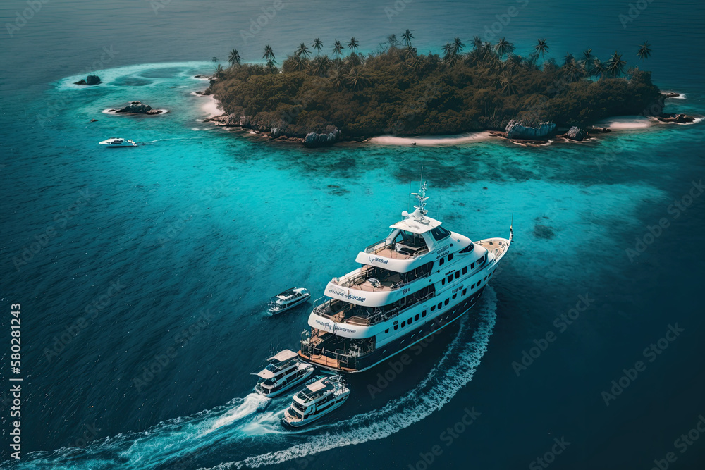 Large yacht boat with helicopter landing place captured in aerial drone photo, generative AI