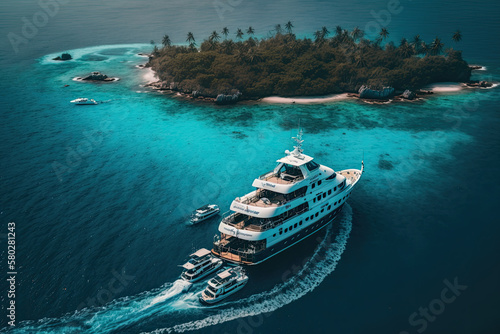Large yacht boat with helicopter landing place captured in aerial drone photo, generative AI © Kien