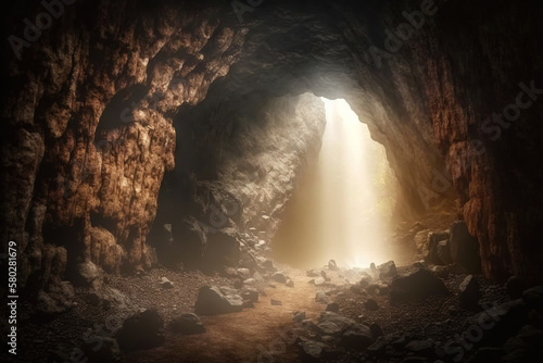 Light entering dark cave. Generative AI