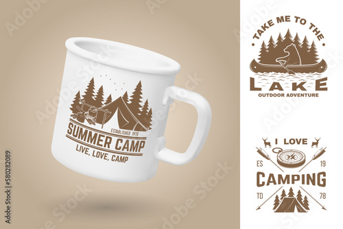 White camping cup. Realistic mug mockup template. Vector 3d illustration. Live, love, camp. Summer camp. Quotes about camping with mountains, camper tent, pot on the fire, bear in canoe, lake and 